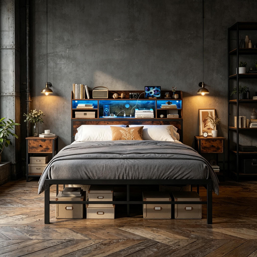 Full Size Bed Frame with LED Lights And Charging Station - Headbord Included