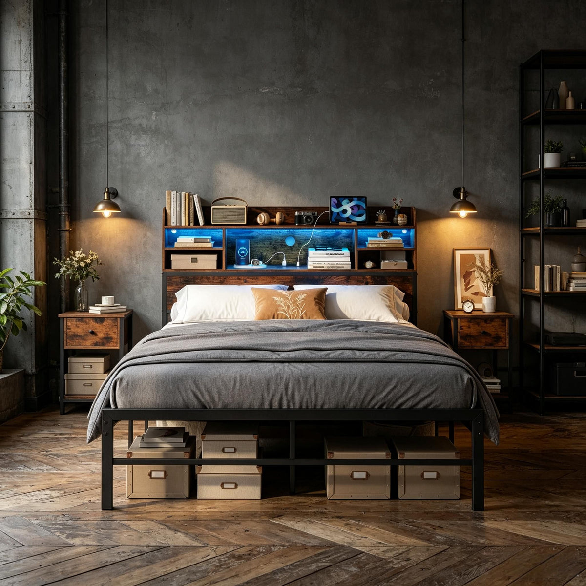 Full Size Bed Frame with LED Lights And Charging Station - Headbord Included