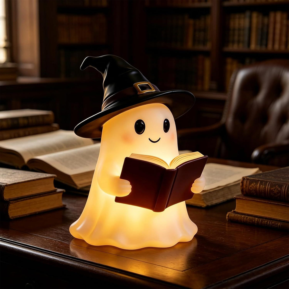 Halloween Ghost Reading Book Night Light, Halloween Witch LampCute Ghost Figurine Bookshelf Lantern, Resin Statue, Tabletop Bedroom Table Shelf Indoor Ornament Decoration