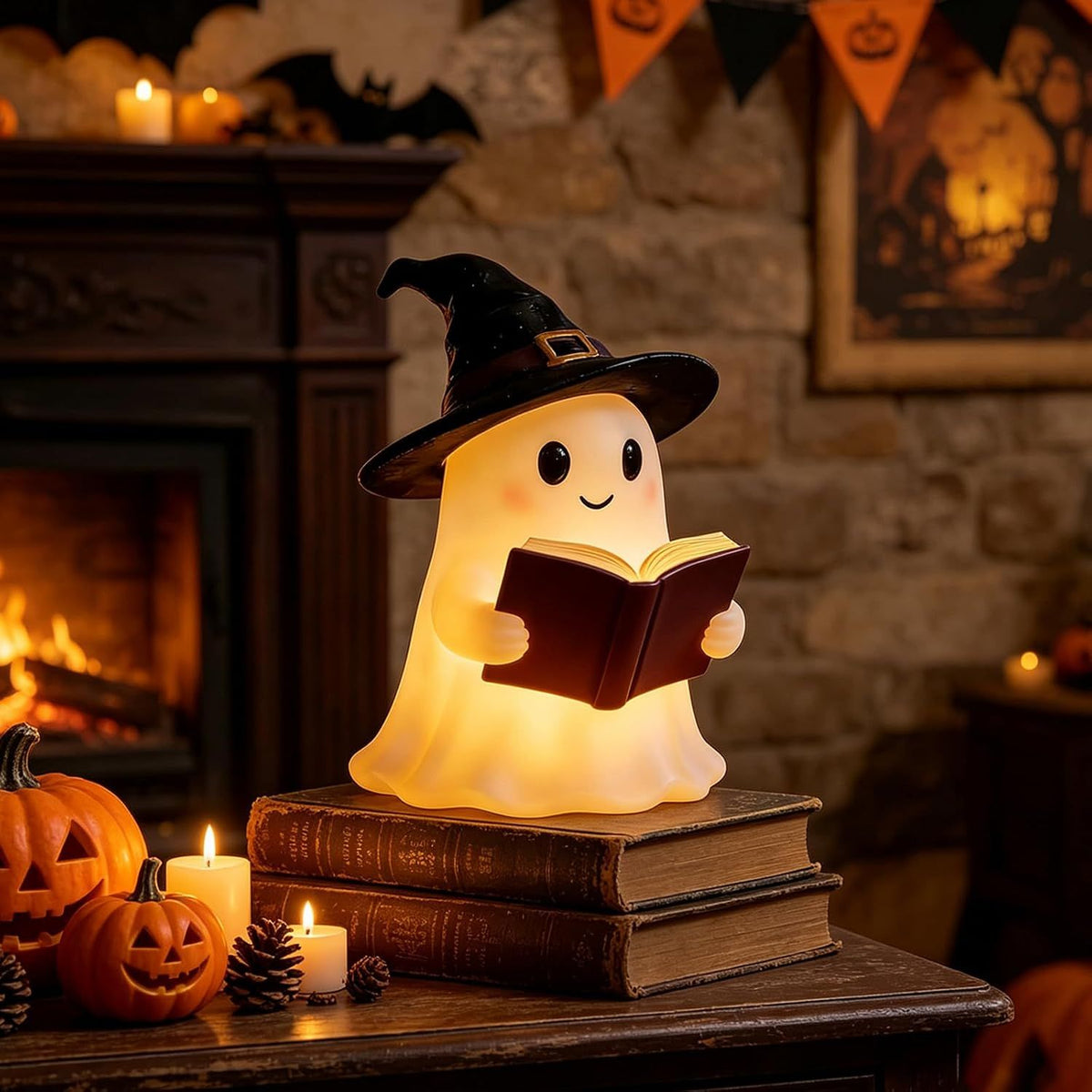 Halloween Ghost Reading Book Night Light, Halloween Witch LampCute Ghost Figurine Bookshelf Lantern, Resin Statue, Tabletop Bedroom Table Shelf Indoor Ornament Decoration
