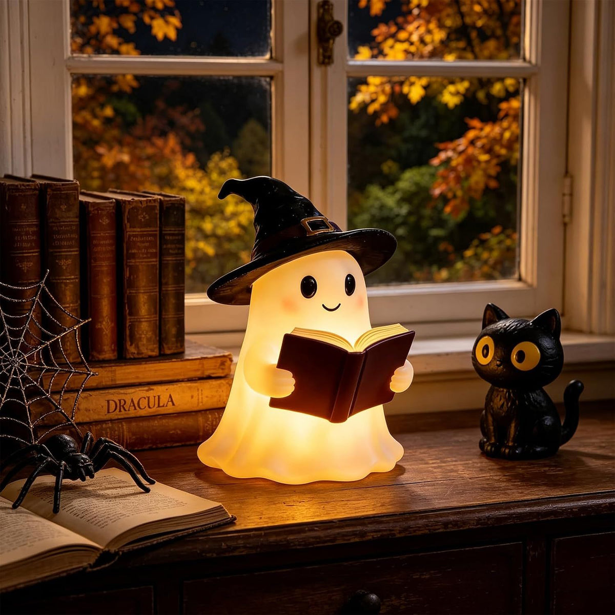 Halloween Ghost Reading Book Night Light, Halloween Witch LampCute Ghost Figurine Bookshelf Lantern, Resin Statue, Tabletop Bedroom Table Shelf Indoor Ornament Decoration