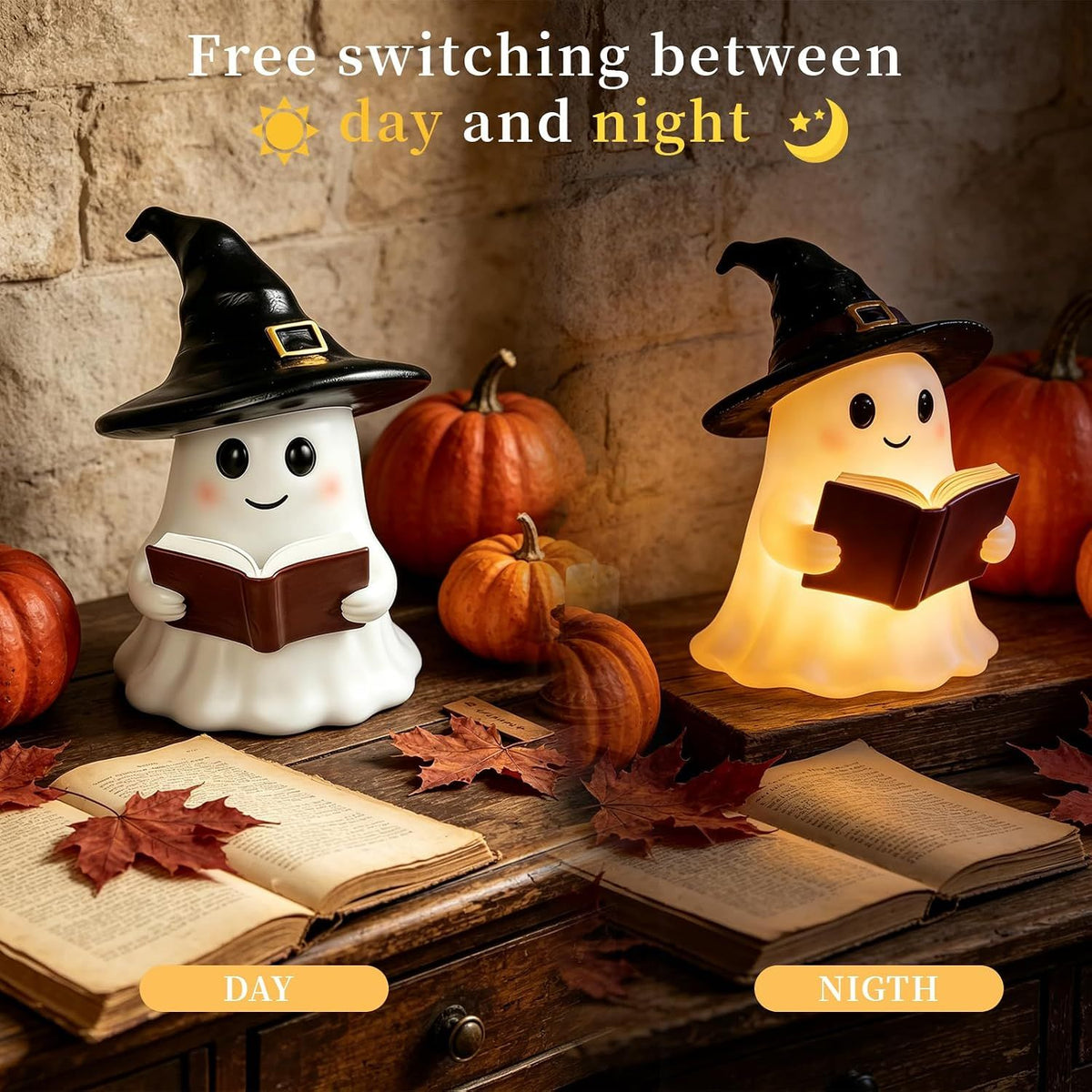 Halloween Ghost Reading Book Night Light, Halloween Witch LampCute Ghost Figurine Bookshelf Lantern, Resin Statue, Tabletop Bedroom Table Shelf Indoor Ornament Decoration