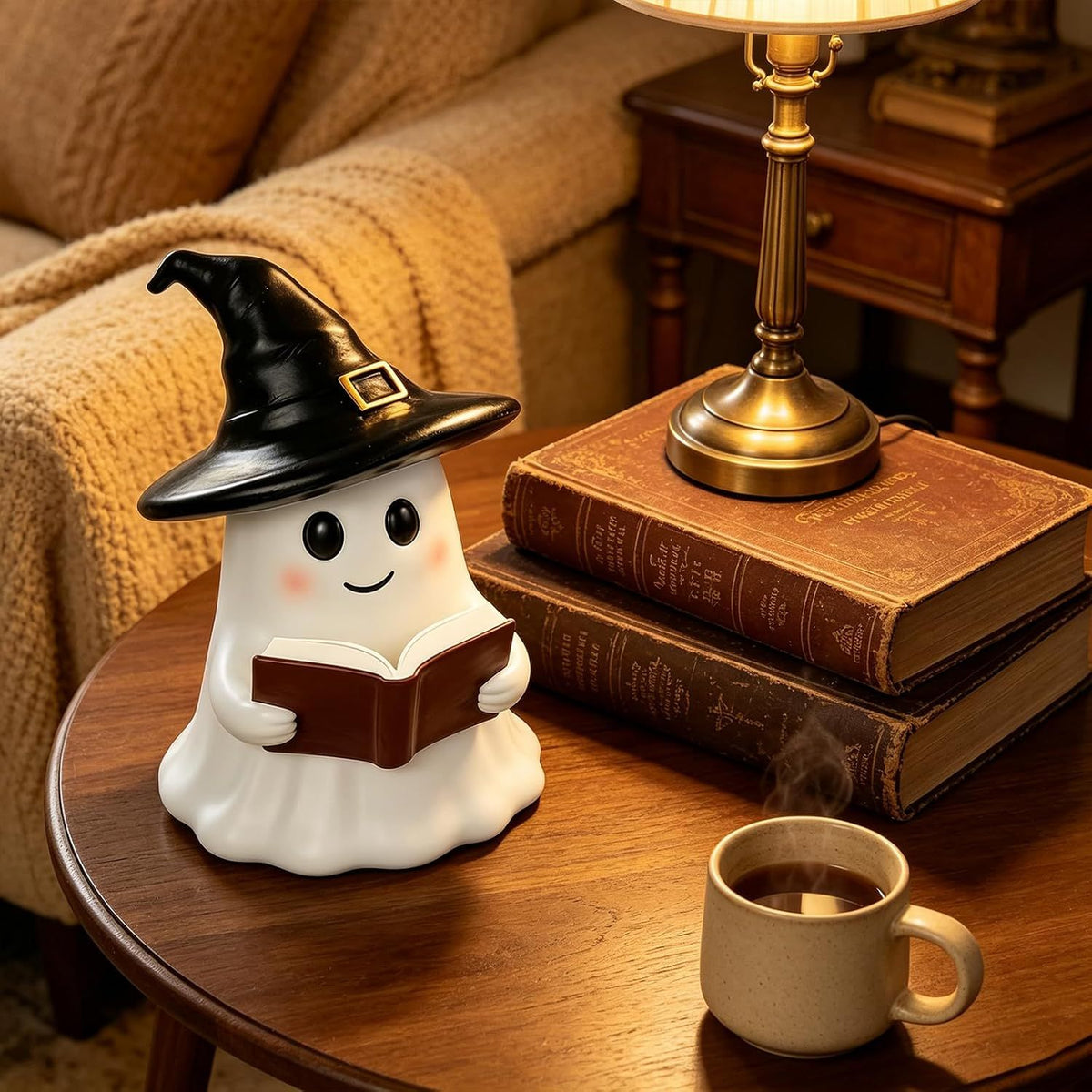 Halloween Ghost Reading Book Night Light, Halloween Witch LampCute Ghost Figurine Bookshelf Lantern, Resin Statue, Tabletop Bedroom Table Shelf Indoor Ornament Decoration