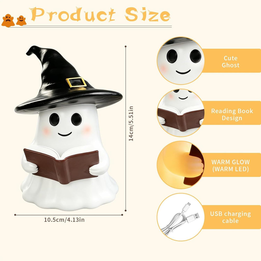 Halloween Ghost Reading Book Night Light, Halloween Witch LampCute Ghost Figurine Bookshelf Lantern, Resin Statue, Tabletop Bedroom Table Shelf Indoor Ornament Decoration