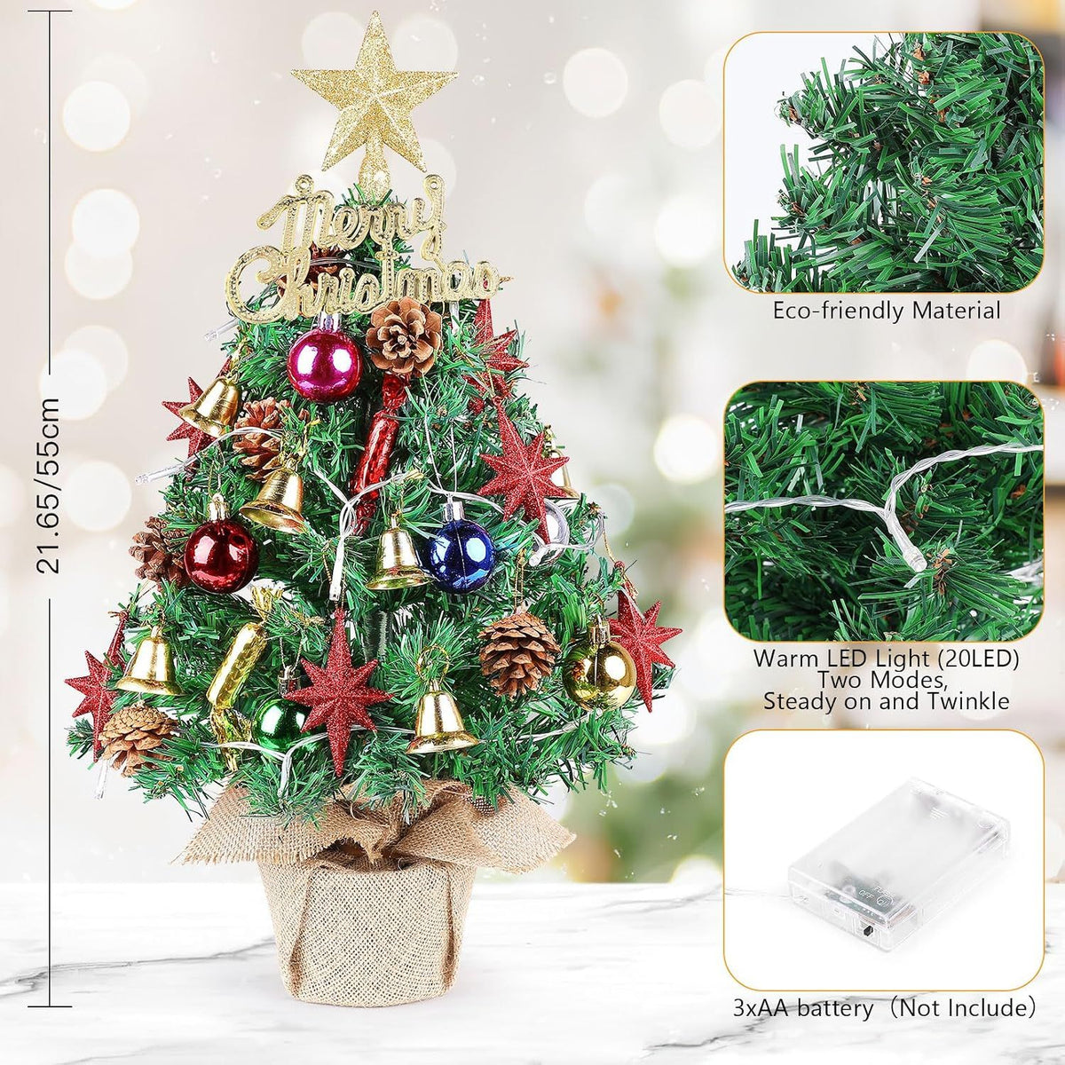 Small Christmas Tree with Lights,21.65 in Mini Tabletop Tree Decor Little Christmas Tree With 20 Led Warm White String Lights,with Pine Cones Ornaments