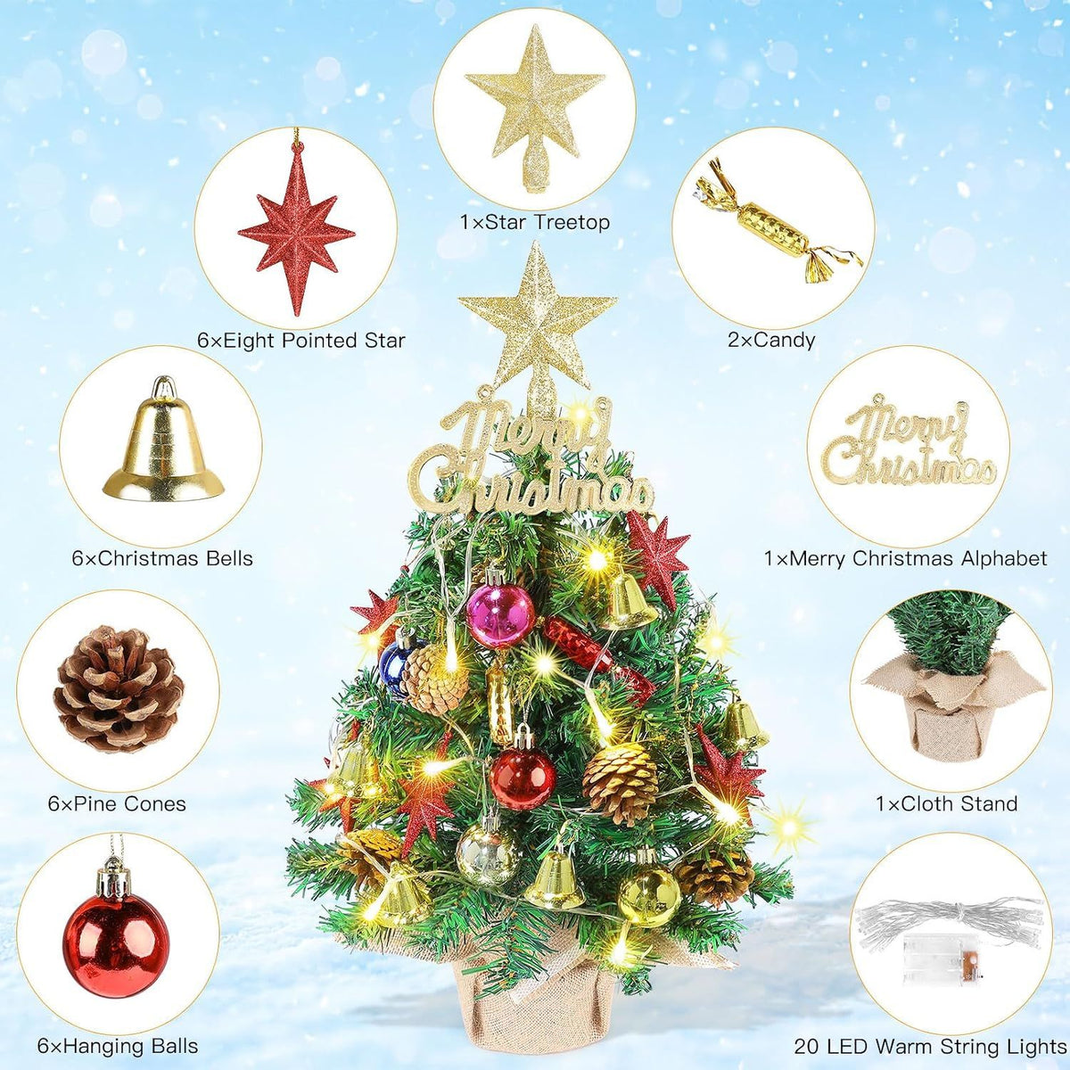 Small Christmas Tree with Lights,21.65 in Mini Tabletop Tree Decor Little Christmas Tree With 20 Led Warm White String Lights,with Pine Cones Ornaments