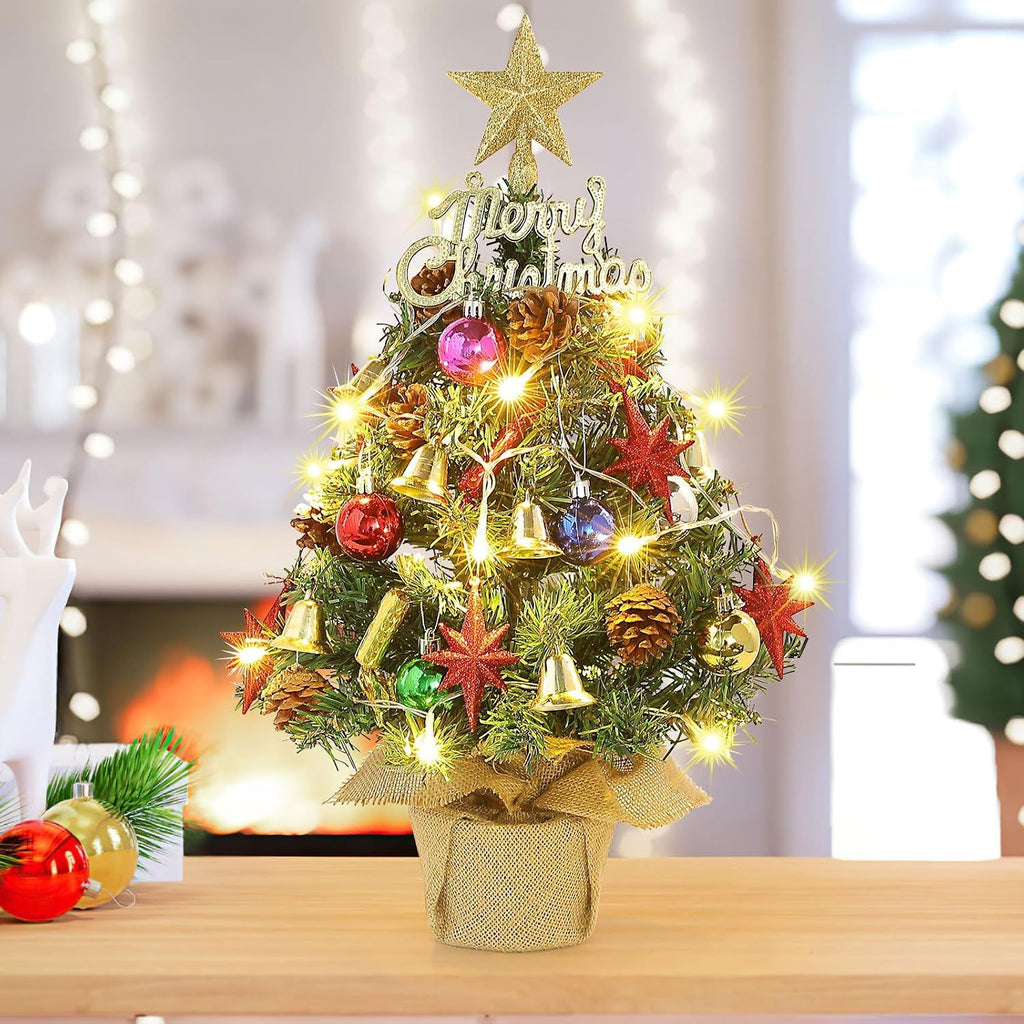 Small Christmas Tree with Lights,21.65 in Mini Tabletop Tree Decor Little Christmas Tree With 20 Led Warm White String Lights,with Pine Cones Ornaments