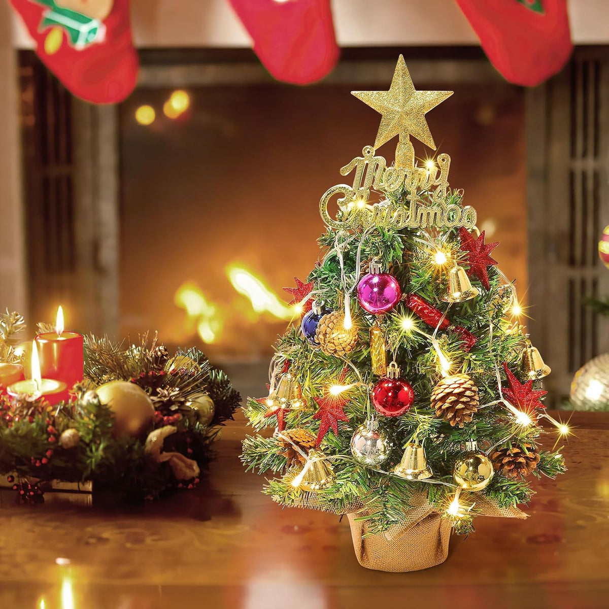 Small Christmas Tree with Lights,21.65 in Mini Tabletop Tree Decor Little Christmas Tree With 20 Led Warm White String Lights,with Pine Cones Ornaments
