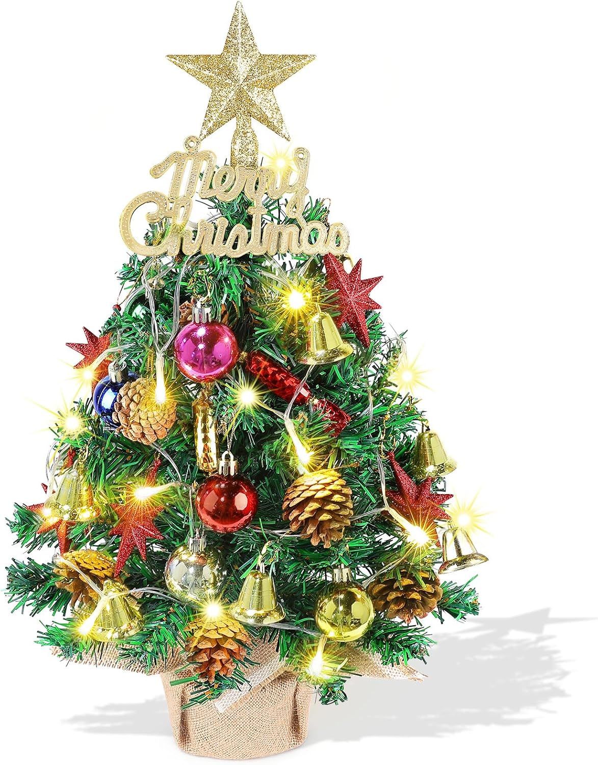Small Christmas Tree with Lights,21.65 in Mini Tabletop Tree Decor Little Christmas Tree With 20 Led Warm White String Lights,with Pine Cones Ornaments