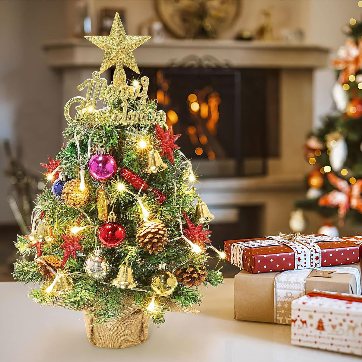 Small Christmas Tree with Lights,21.65 in Mini Tabletop Tree Decor Little Christmas Tree With 20 Led Warm White String Lights,with Pine Cones Ornaments