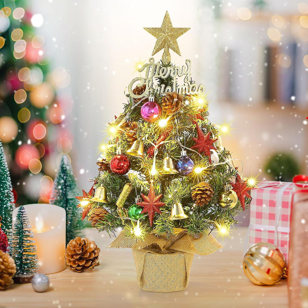 Small Christmas Tree with Lights,21.65 in Mini Tabletop Tree Decor Little Christmas Tree With 20 Led Warm White String Lights,with Pine Cones Ornaments