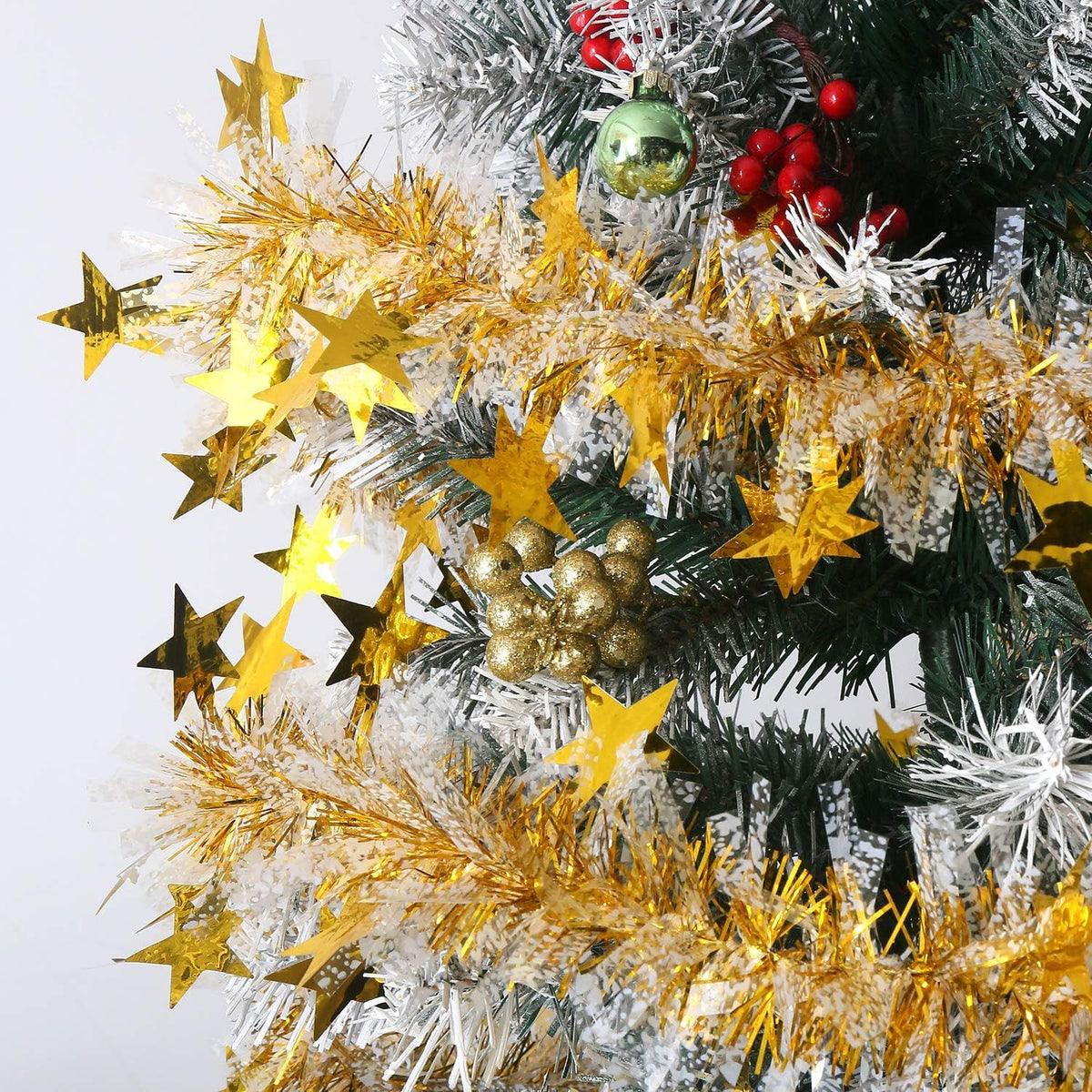33FT Christmas Tinsel Garland,Metallic Twist Garland in Gold and White for Christmas Tree Party Dcoration Supply