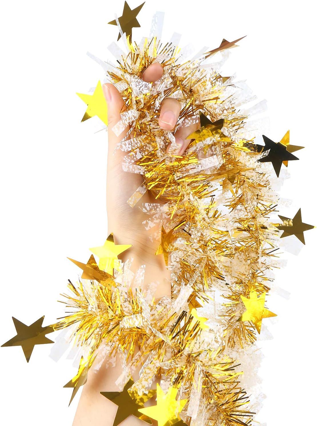 33FT Christmas Tinsel Garland,Metallic Twist Garland in Gold and White for Christmas Tree Party Dcoration Supply