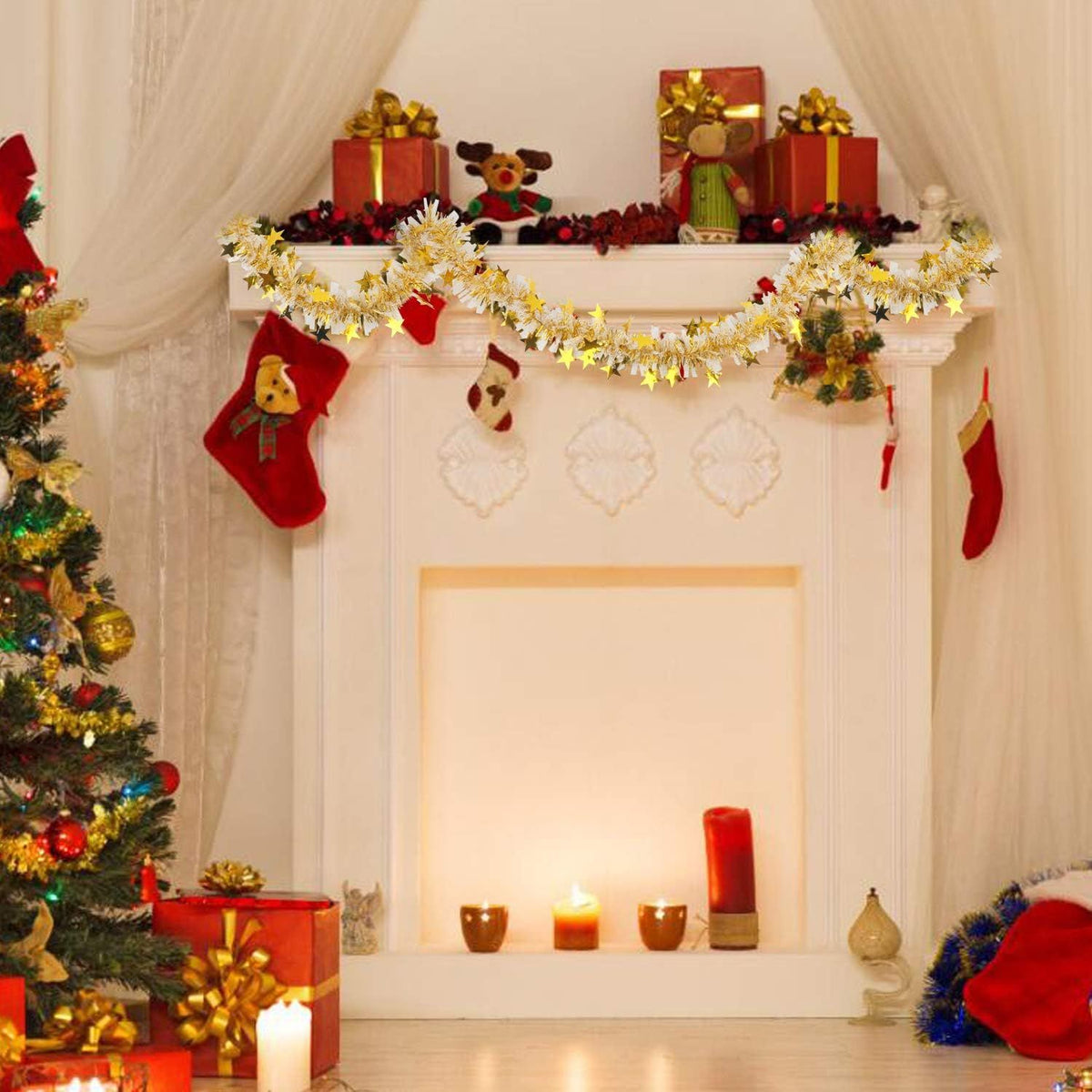 33FT Christmas Tinsel Garland,Metallic Twist Garland in Gold and White for Christmas Tree Party Dcoration Supply