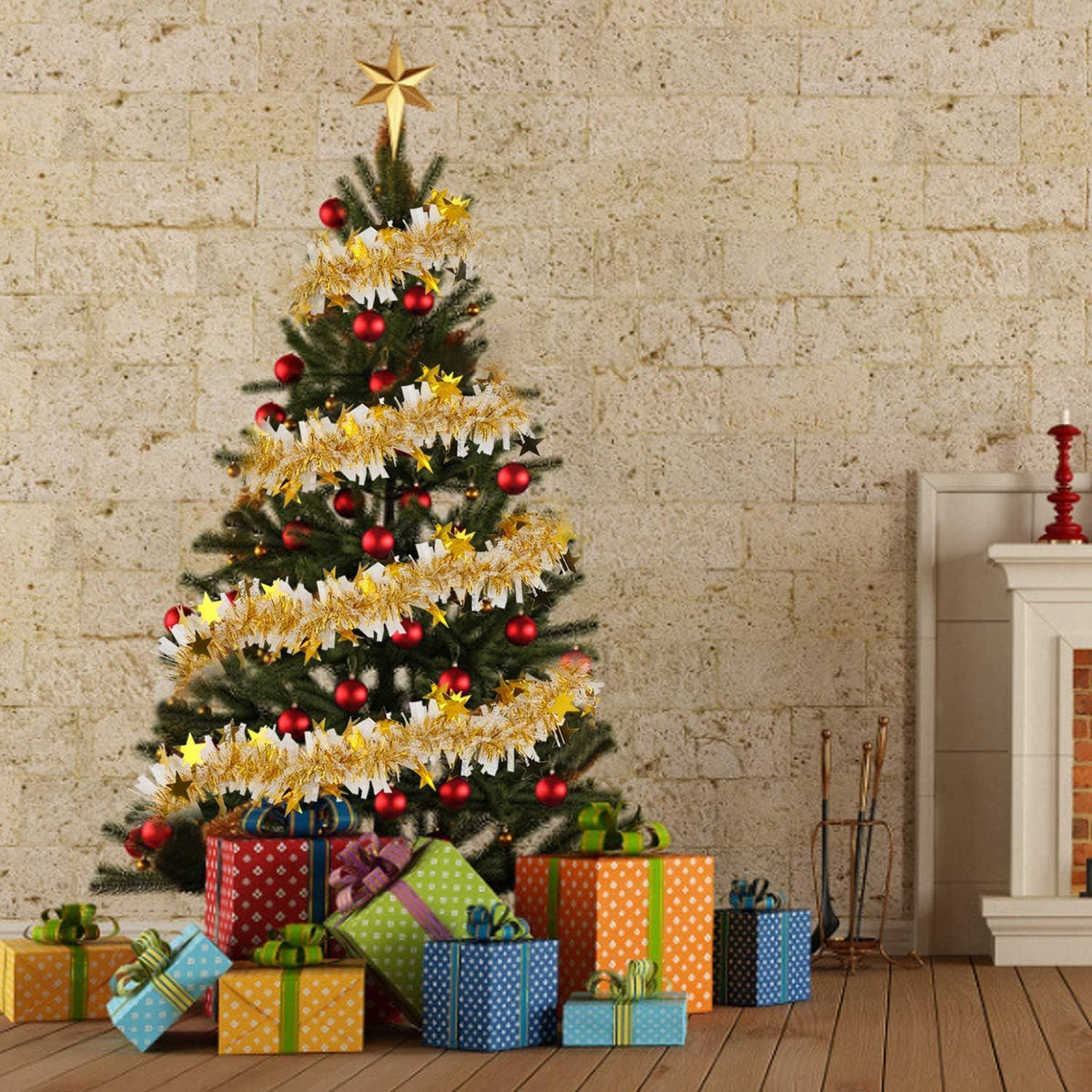 33FT Christmas Tinsel Garland,Metallic Twist Garland in Gold and White for Christmas Tree Party Dcoration Supply