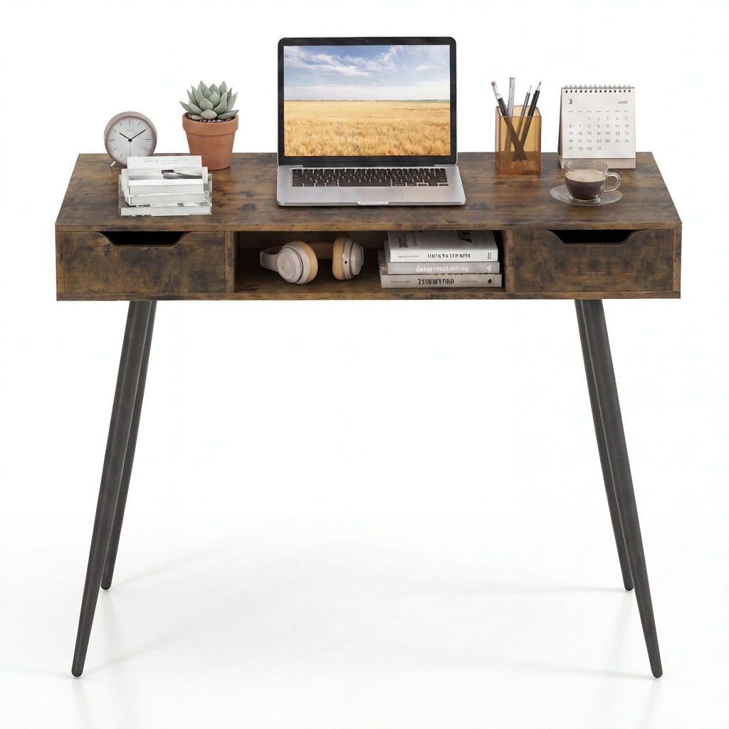 mid Century Modern Writing Desk 42.5 Inch with Metal Leg And Drawers for Home Office Furniture