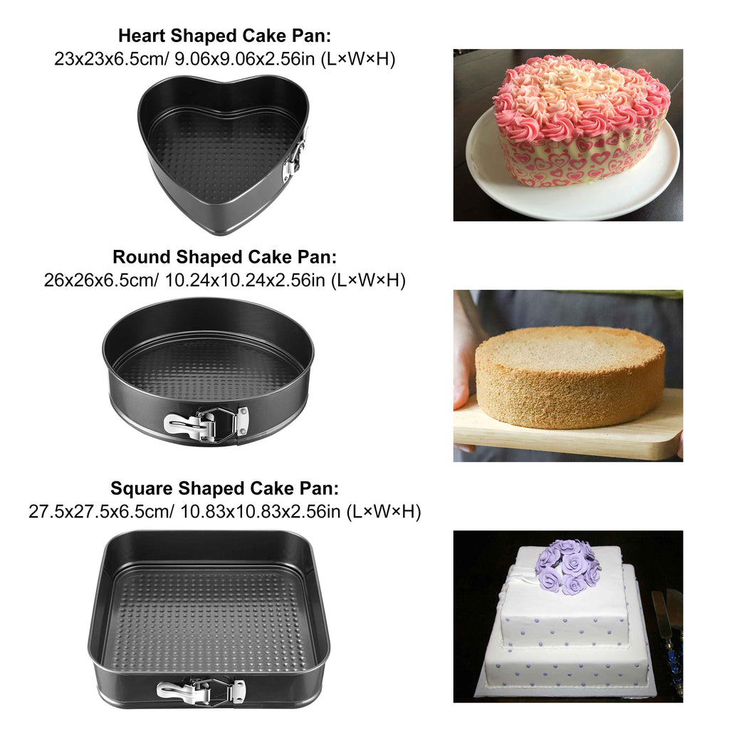 Springform Cheesecake Pans 3 Pack, Heart, Round & Square Shapes, 9 10 11 Inch BPA Free Nonstick Cake Molds for Home Baking