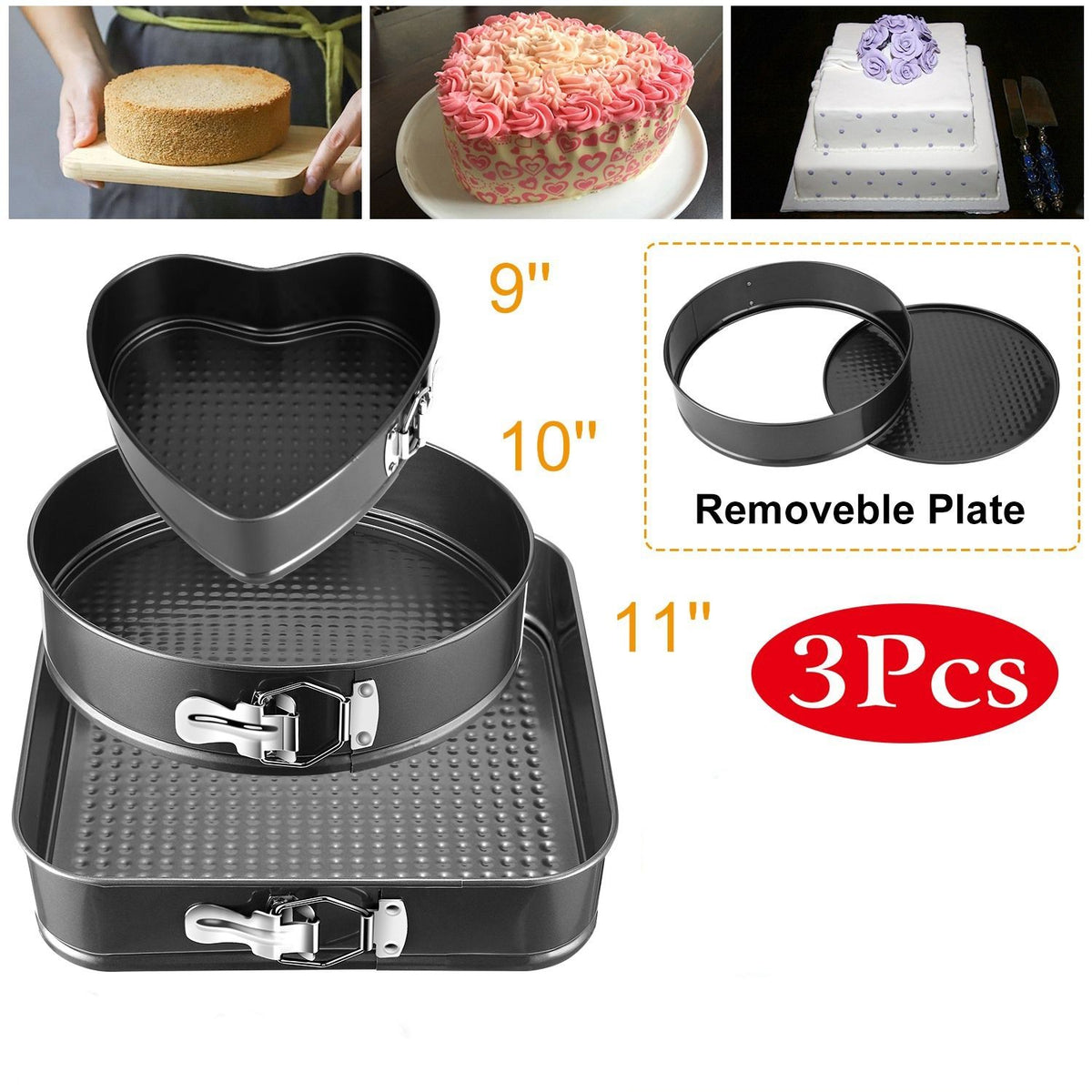 Springform Cheesecake Pans 3 Pack, Heart, Round & Square Shapes, 9 10 11 Inch BPA Free Nonstick Cake Molds for Home Baking