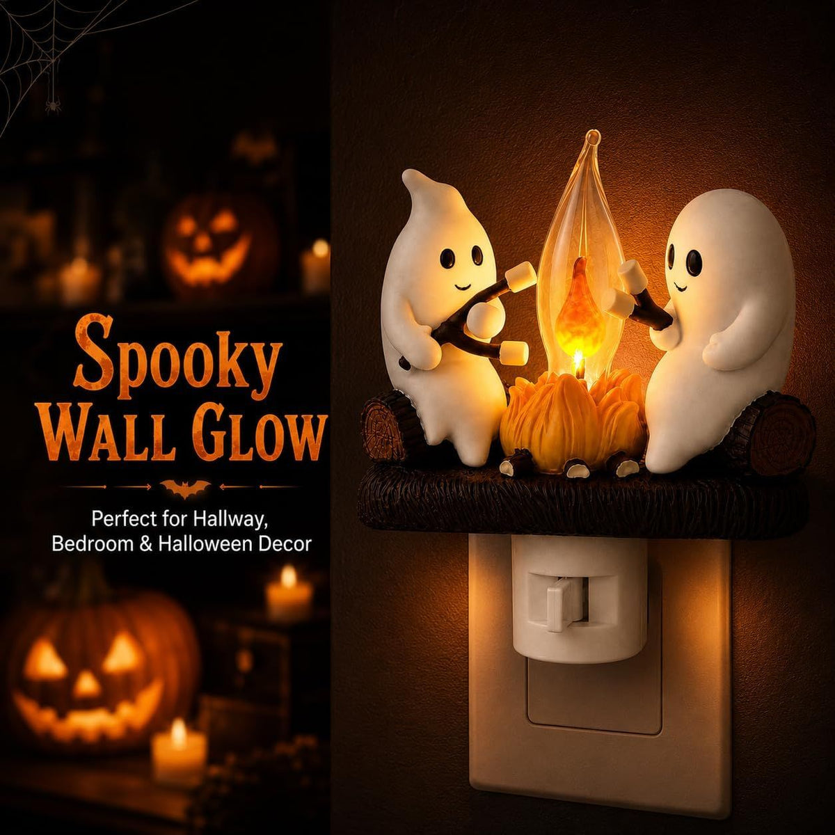 Ghost Campfire Night Light, Plug-in Wall Flickering Flame Nightlight, Halloween 3D Cute Spooky Marshmallow Ghost Decoration for Bedroom, Spooky Season Home Halloween Decor for Kids Adults