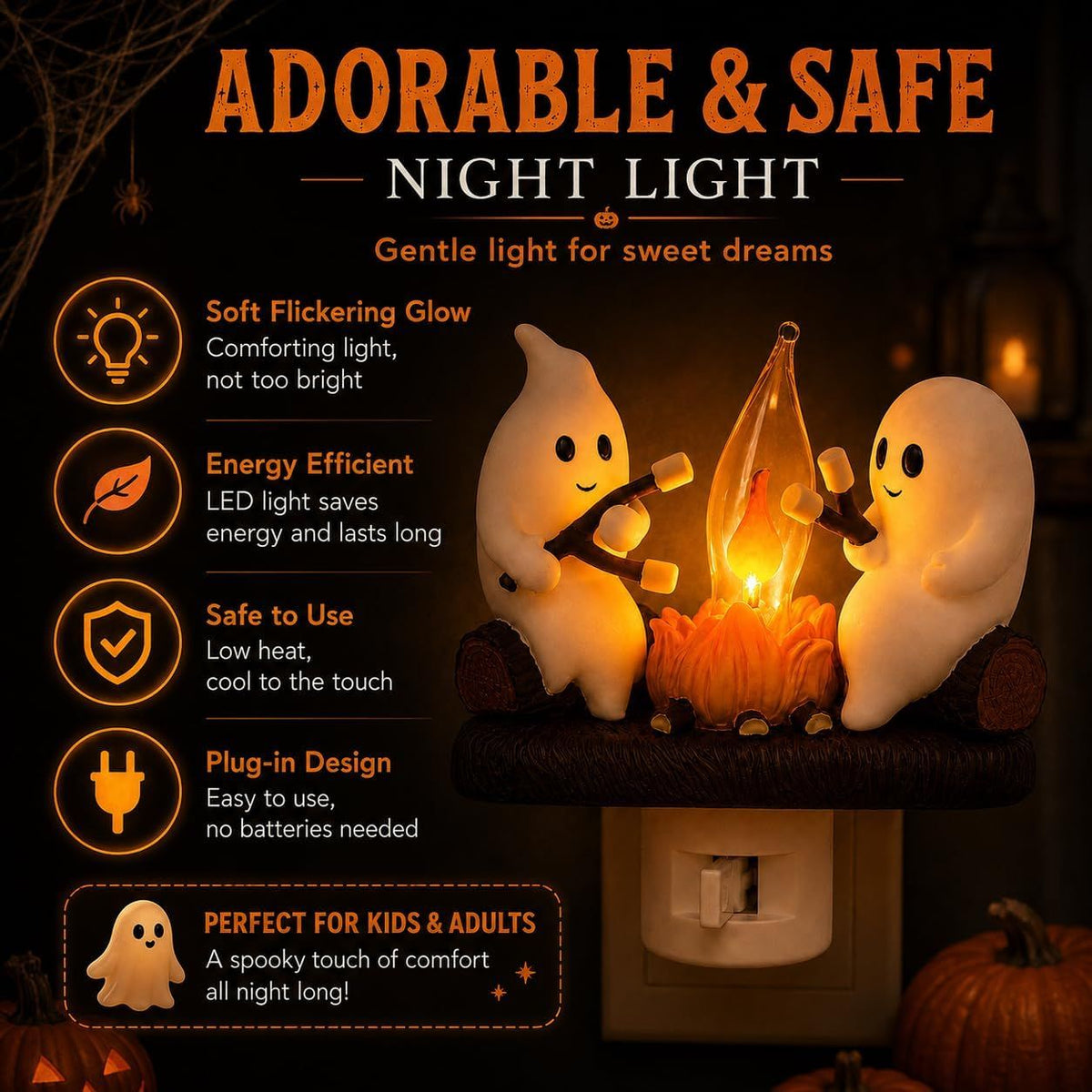 Ghost Campfire Night Light, Plug-in Wall Flickering Flame Nightlight, Halloween 3D Cute Spooky Marshmallow Ghost Decoration for Bedroom, Spooky Season Home Halloween Decor for Kids Adults