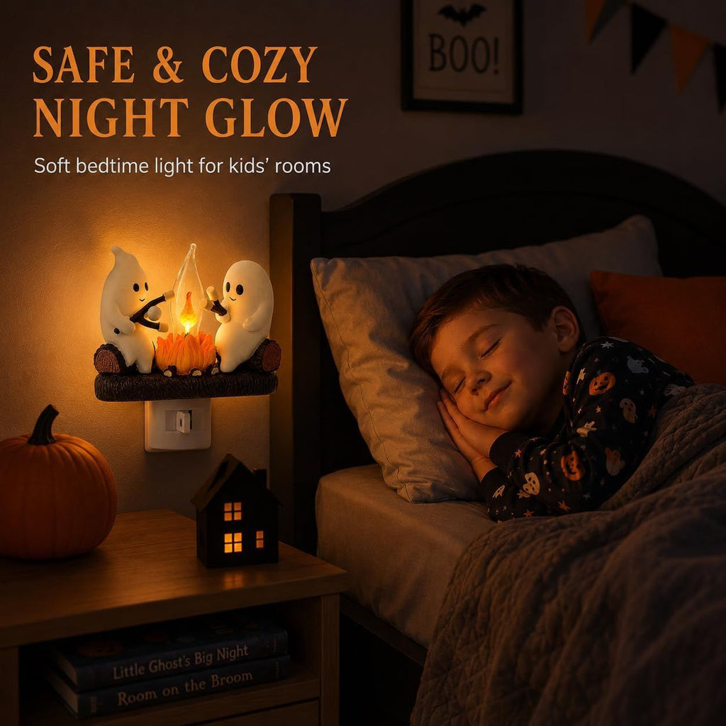 Ghost Campfire Night Light, Plug-in Wall Flickering Flame Nightlight, Halloween 3D Cute Spooky Marshmallow Ghost Decoration for Bedroom, Spooky Season Home Halloween Decor for Kids Adults