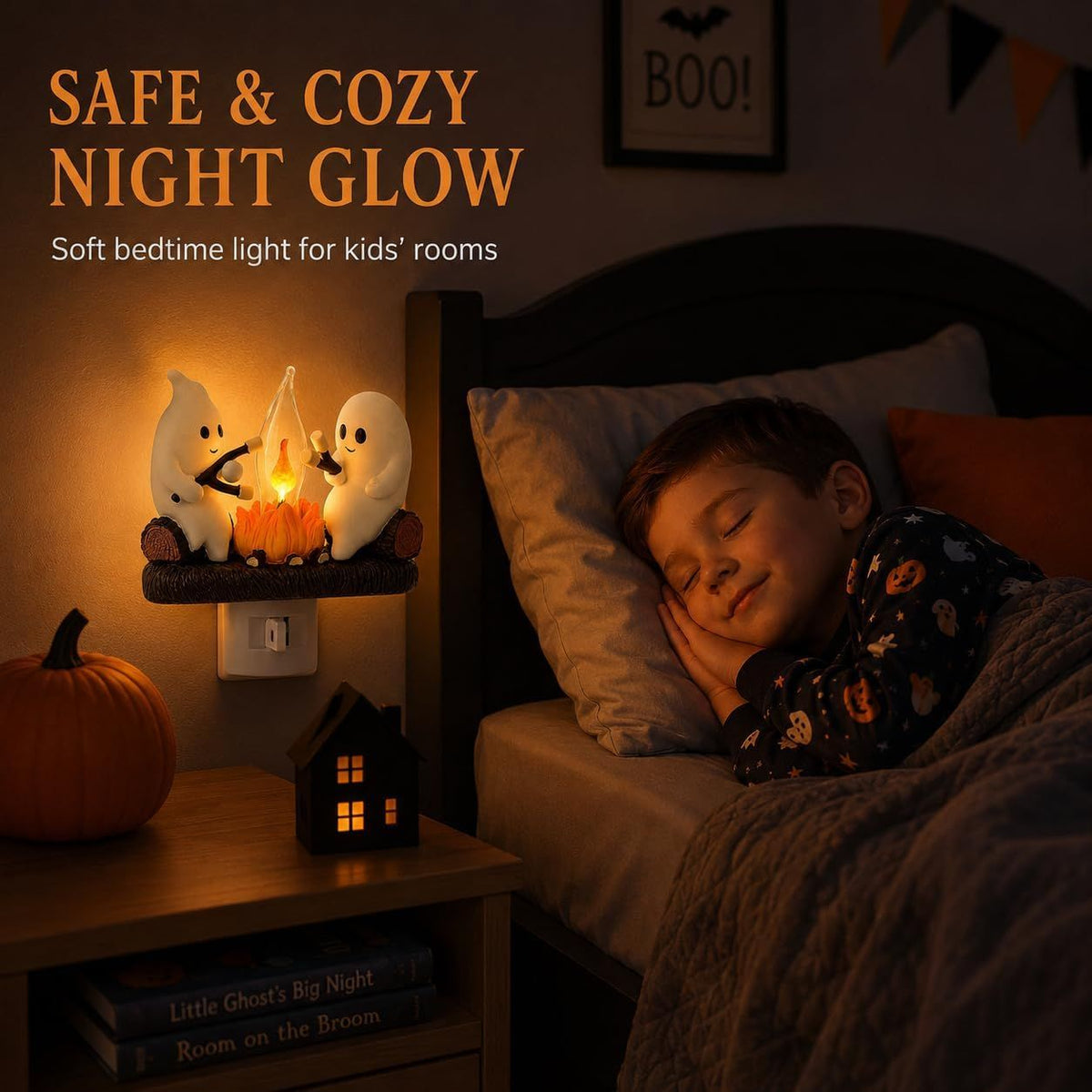 Ghost Campfire Night Light, Plug-in Wall Flickering Flame Nightlight, Halloween 3D Cute Spooky Marshmallow Ghost Decoration for Bedroom, Spooky Season Home Halloween Decor for Kids Adults