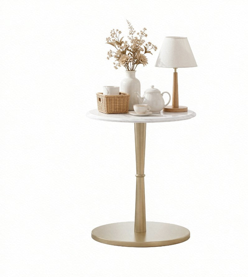 round Marble Side Table Stone Finish Wooden Base Small Spaces Friendly Design Elegant Home Decorative Table