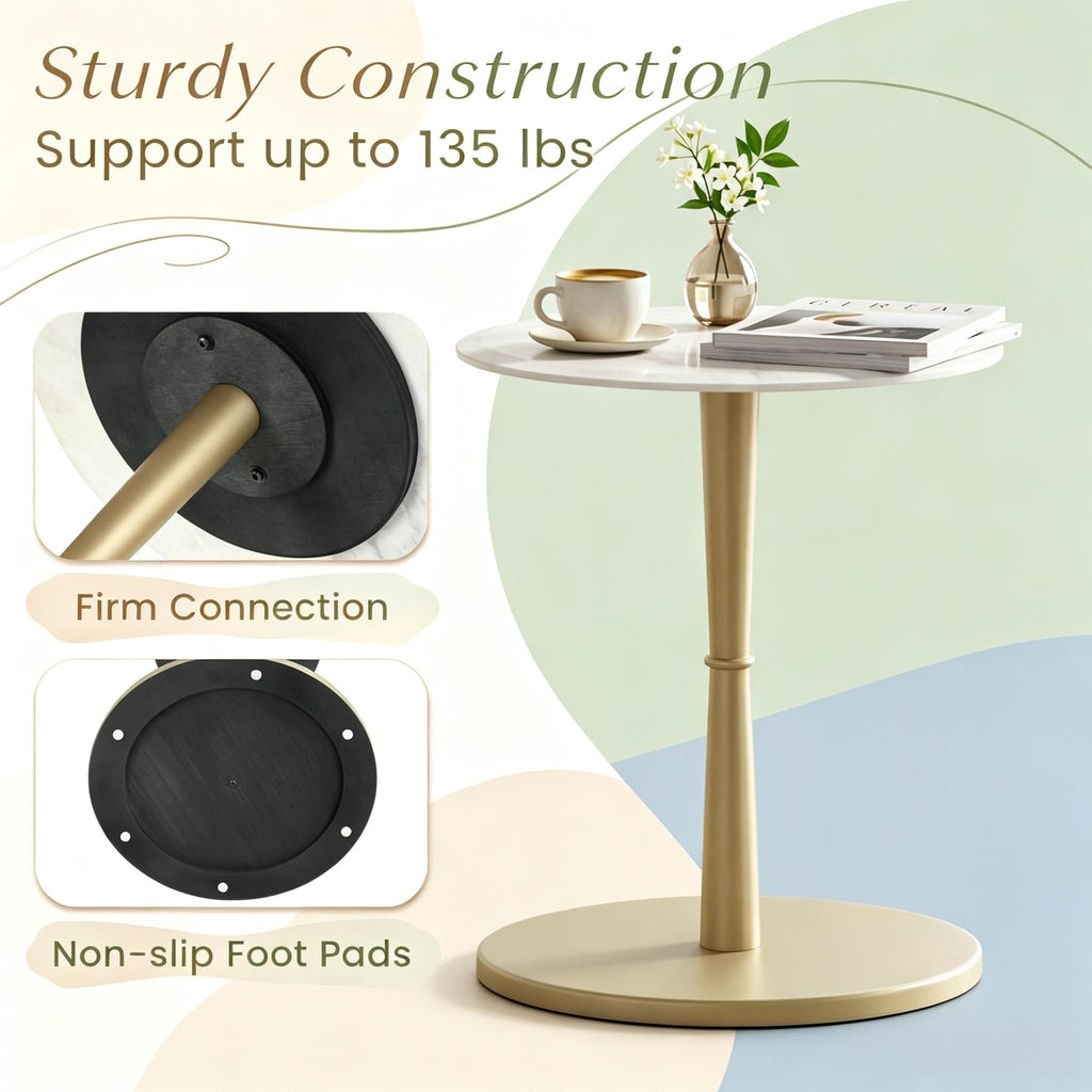 round Marble Side Table Stone Finish Wooden Base Small Spaces Friendly Design Elegant Home Decorative Table