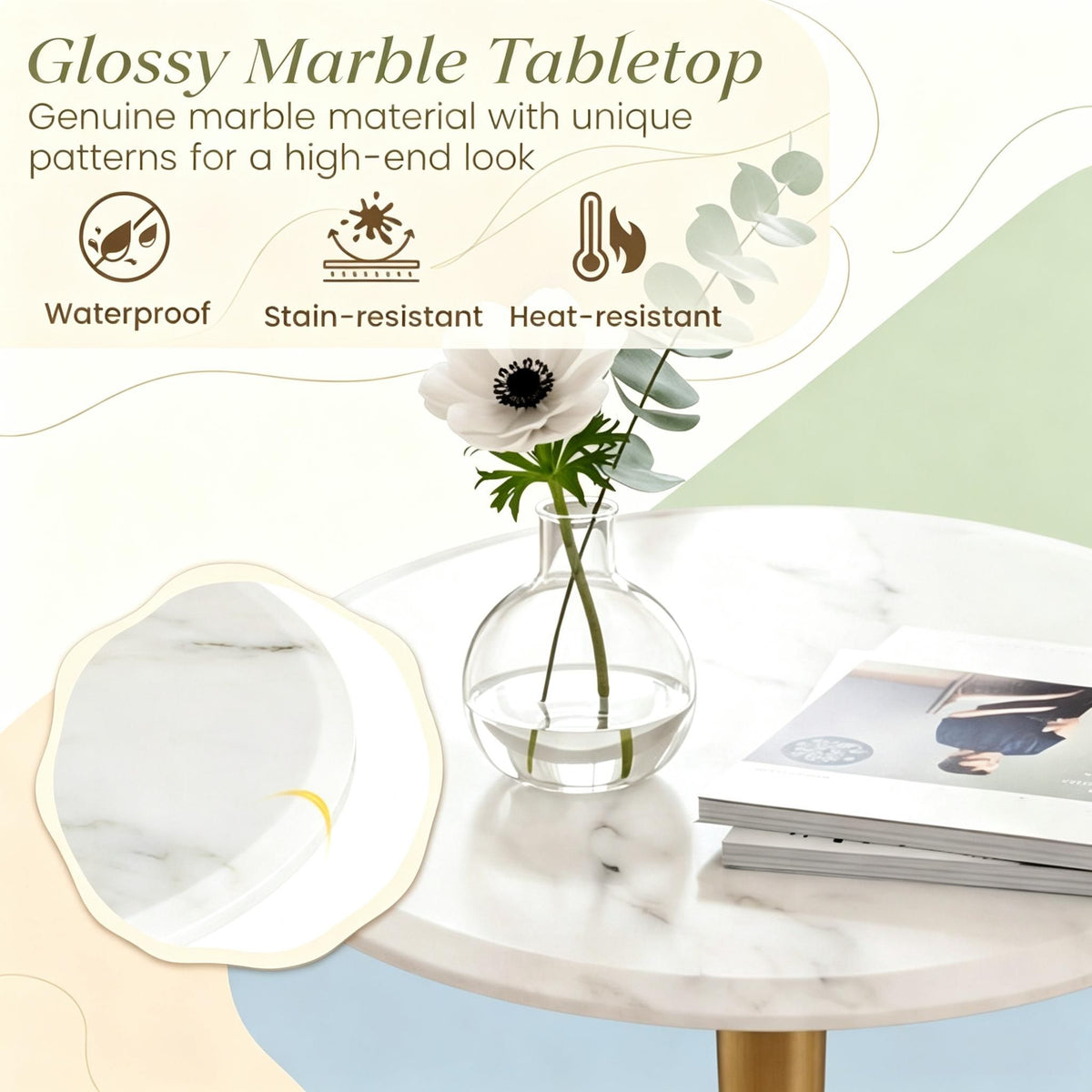 round Marble Side Table Stone Finish Wooden Base Small Spaces Friendly Design Elegant Home Decorative Table