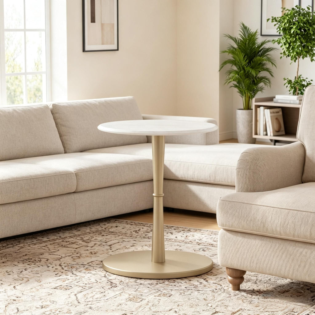 round Marble Side Table Stone Finish Wooden Base Small Spaces Friendly Design Elegant Home Decorative Table