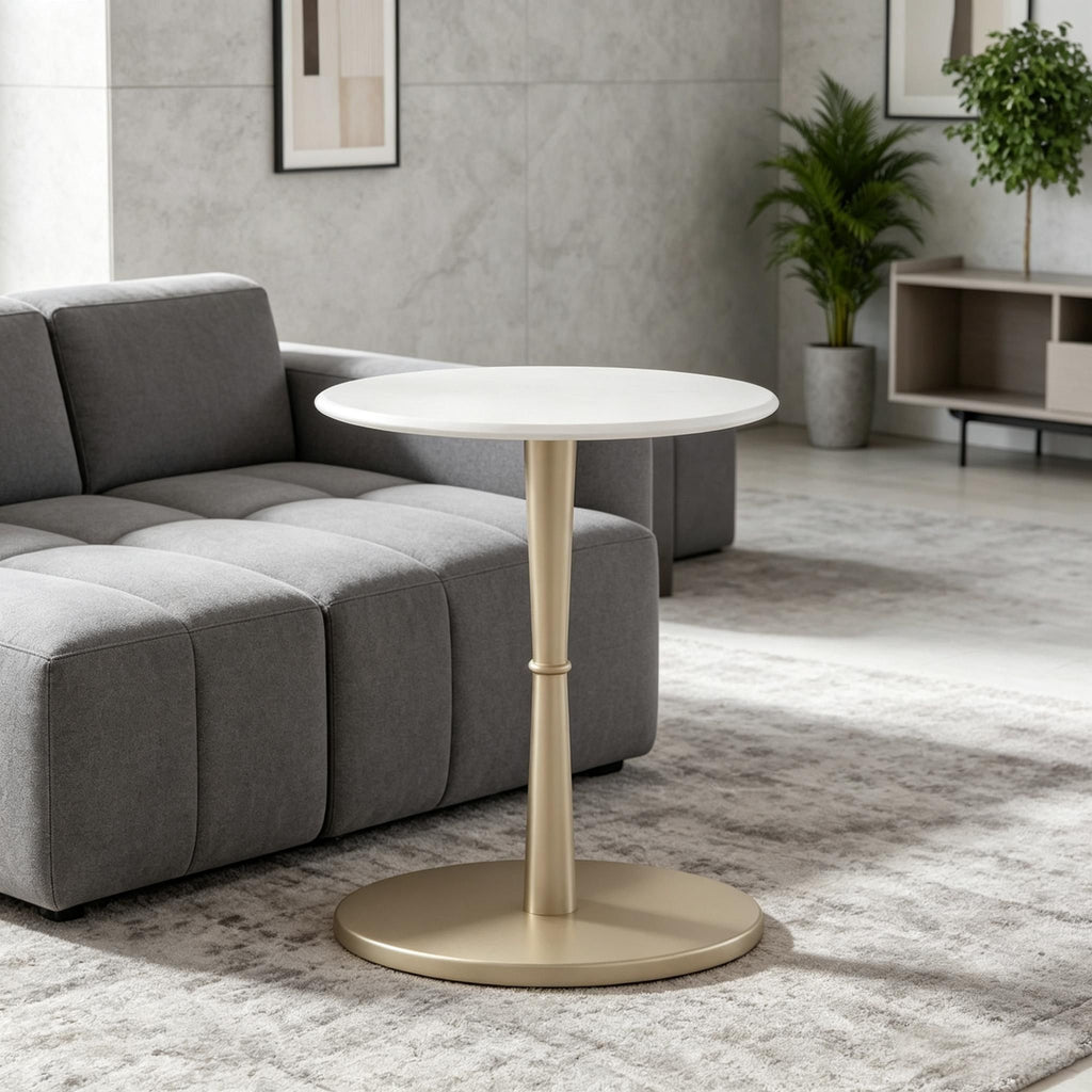 round Marble Side Table Stone Finish Wooden Base Small Spaces Friendly Design Elegant Home Decorative Table