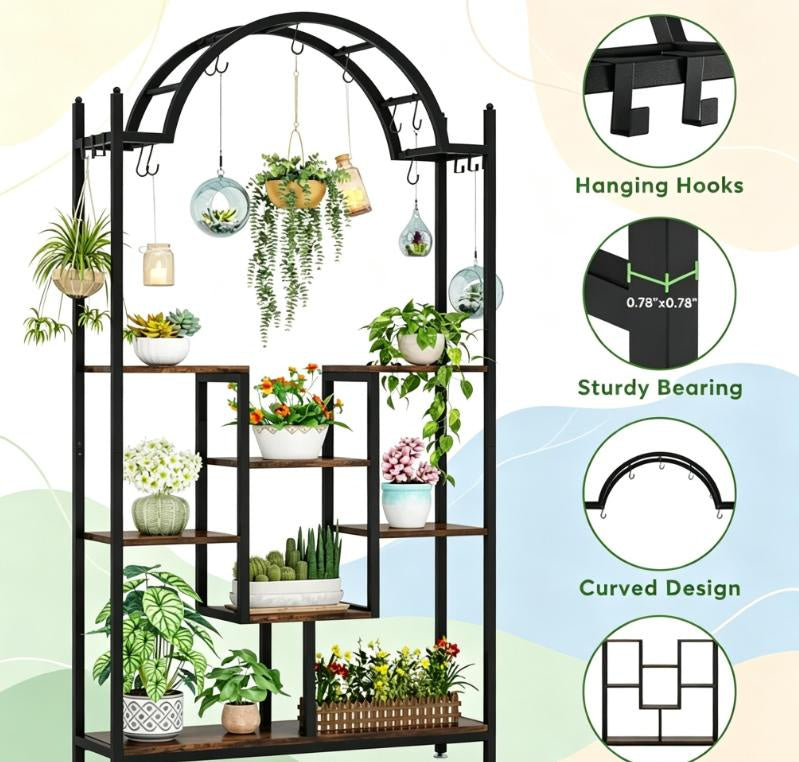 Arched Plant Stand 74.8 Inch Flower Stands with Hanging Hooks for Indoor Outdoor Garden Decorative Metal Plant Support Frame