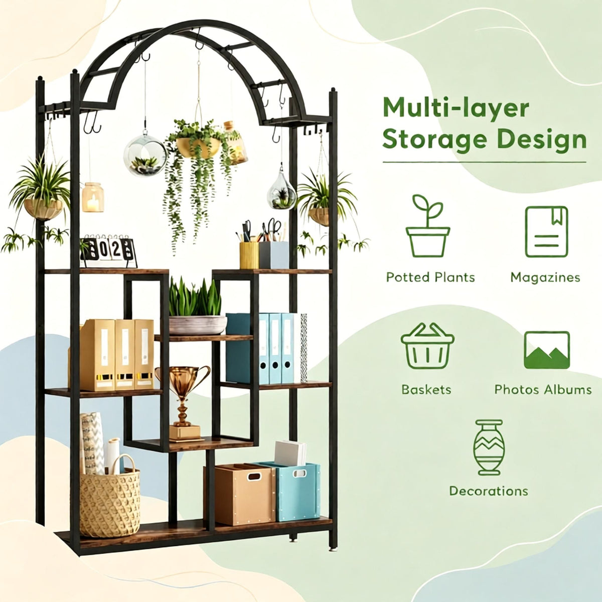 Arched Plant Stand 74.8 Inch Flower Stands with Hanging Hooks for Indoor Outdoor Garden Decorative Metal Plant Support Frame