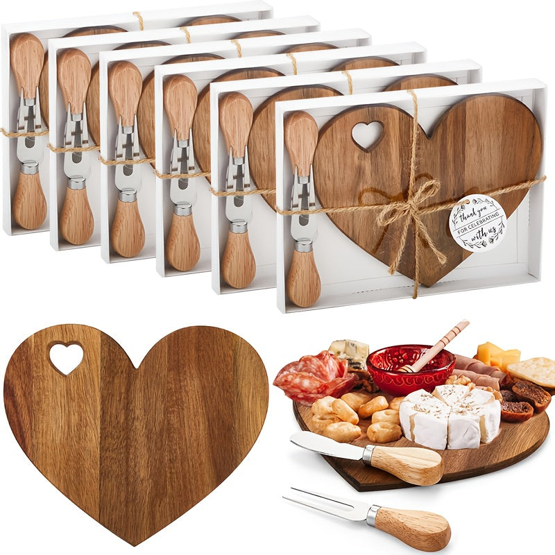 6Set Bridal Shower Favor Heart Cheese Board Cheese Knives Wood Mini Charcuterie Board Thank You Gift Box For Guest Bridal Prize Wedding Birthday Valentines And Christmas(Acacia & )