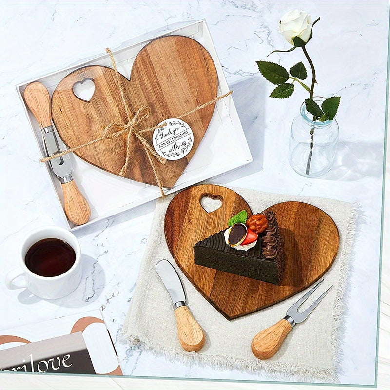 6Set Bridal Shower Favor Heart Cheese Board Cheese Knives Wood Mini Charcuterie Board Thank You Gift Box For Guest Bridal Prize Wedding Birthday Valentines And Christmas(Acacia & )