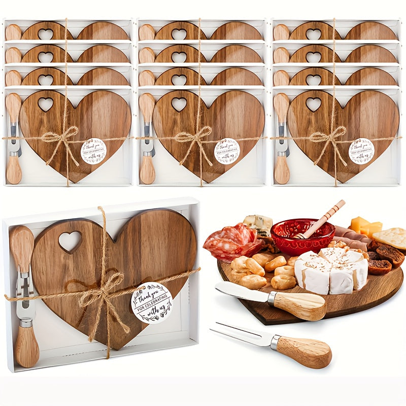 6Set Bridal Shower Favor Heart Cheese Board Cheese Knives Wood Mini Charcuterie Board Thank You Gift Box For Guest Bridal Prize Wedding Birthday Valentines And Christmas(Acacia & )