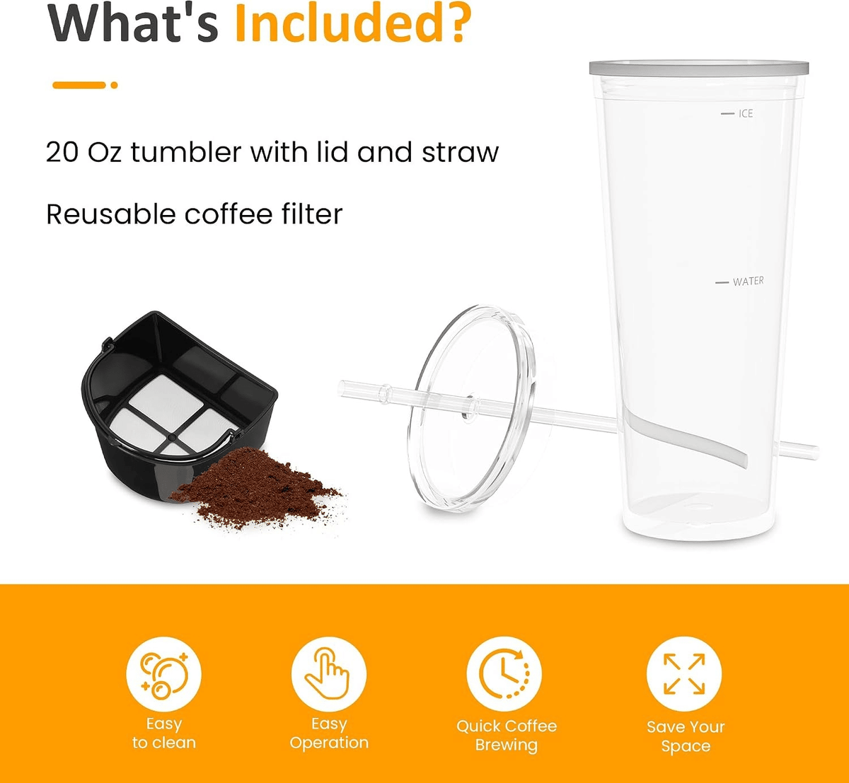 20 oz Iced Tea Coffee Maker with Reusable Filter – Small Size, Hot Brewing Capability, Cup Capacity: 90 mL; Stainless Steel Drip Coffee Maker with Mechanical Buttons; Product List: Iced Tea Maker