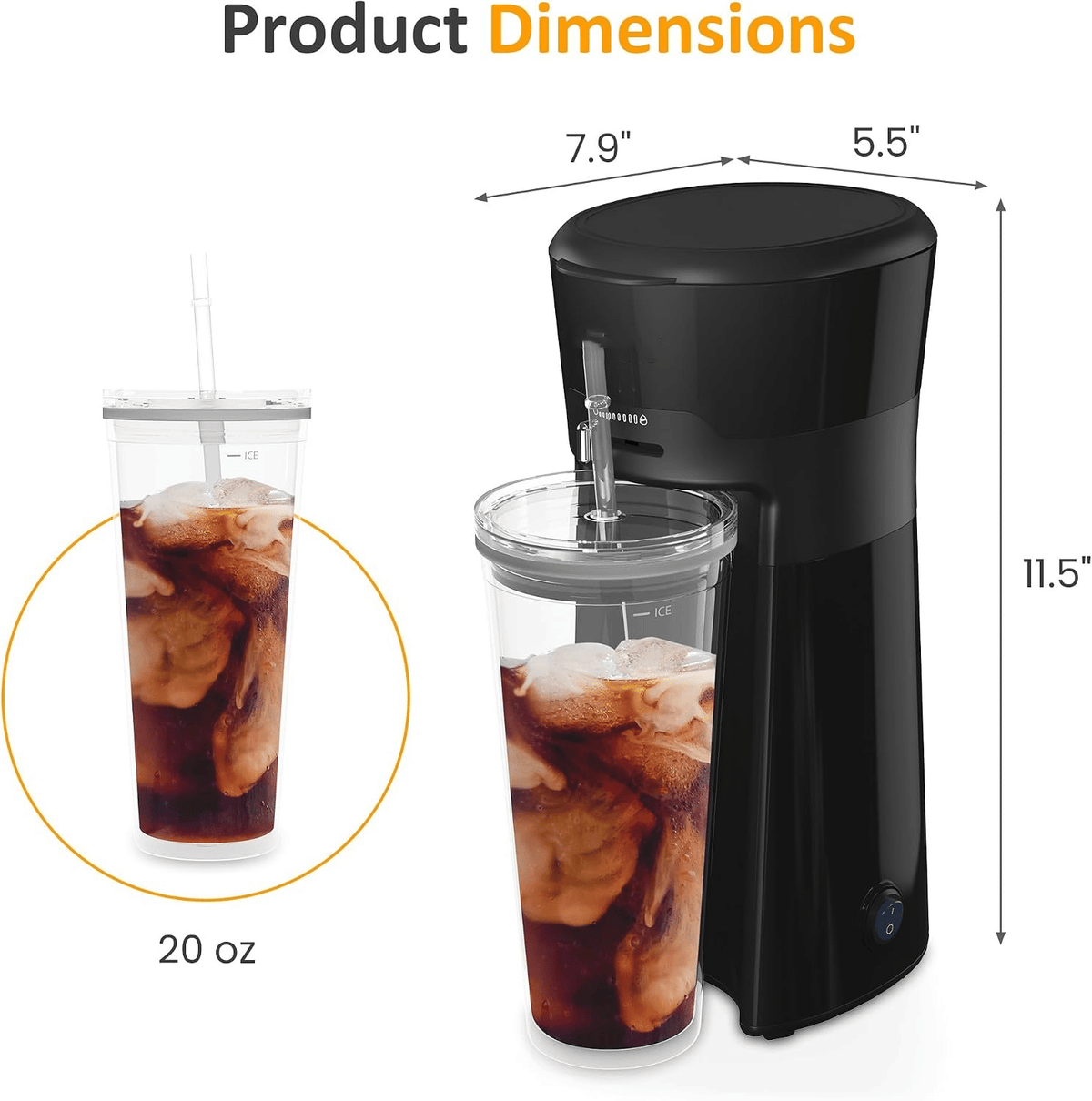 20 oz Iced Tea Coffee Maker with Reusable Filter – Small Size, Hot Brewing Capability, Cup Capacity: 90 mL; Stainless Steel Drip Coffee Maker with Mechanical Buttons; Product List: Iced Tea Maker