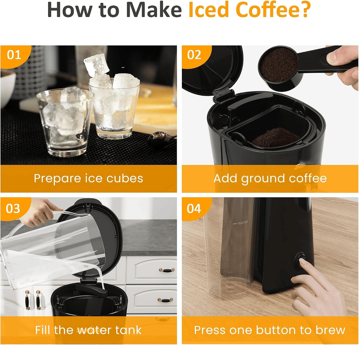 20 oz Iced Tea Coffee Maker with Reusable Filter – Small Size, Hot Brewing Capability, Cup Capacity: 90 mL; Stainless Steel Drip Coffee Maker with Mechanical Buttons; Product List: Iced Tea Maker