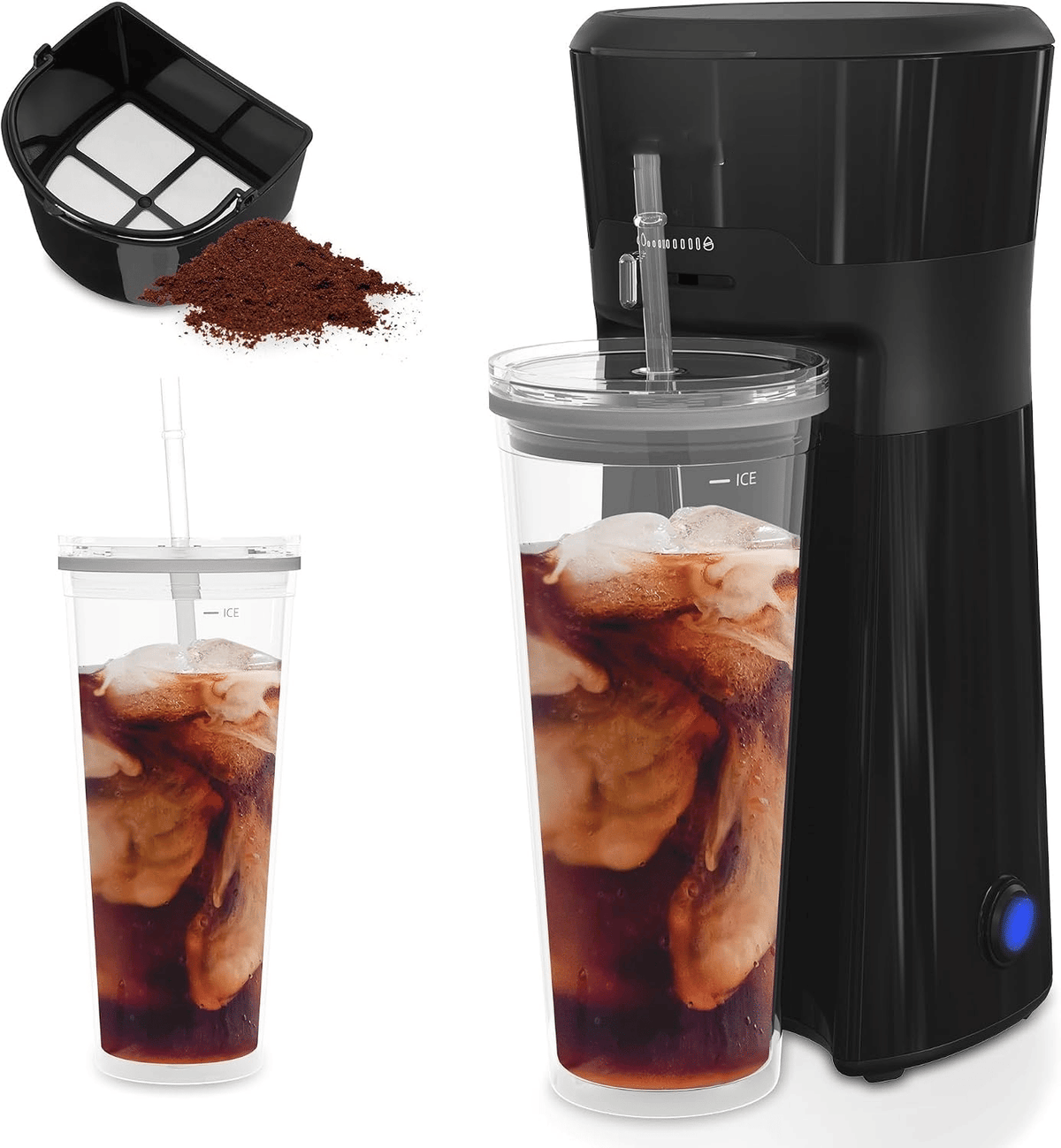 20 oz Iced Tea Coffee Maker with Reusable Filter – Small Size, Hot Brewing Capability, Cup Capacity: 90 mL; Stainless Steel Drip Coffee Maker with Mechanical Buttons; Product List: Iced Tea Maker
