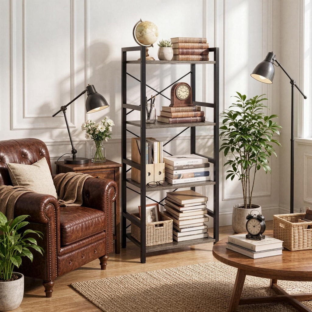 Narrow Freestanding 4-Tier Bookshelf Metal Frame Display Shelf for Home Office Organization Storage