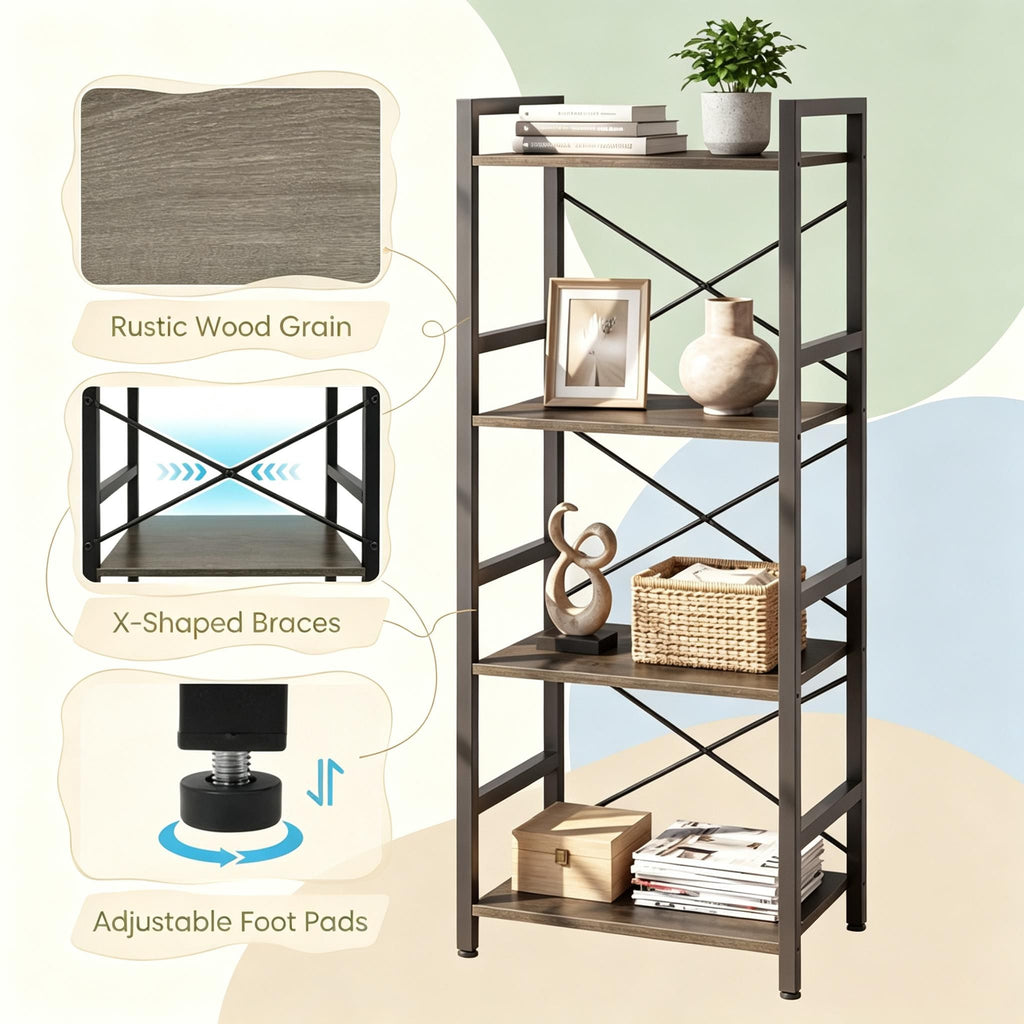 Narrow Freestanding 4-Tier Bookshelf Metal Frame Display Shelf for Home Office Organization Storage