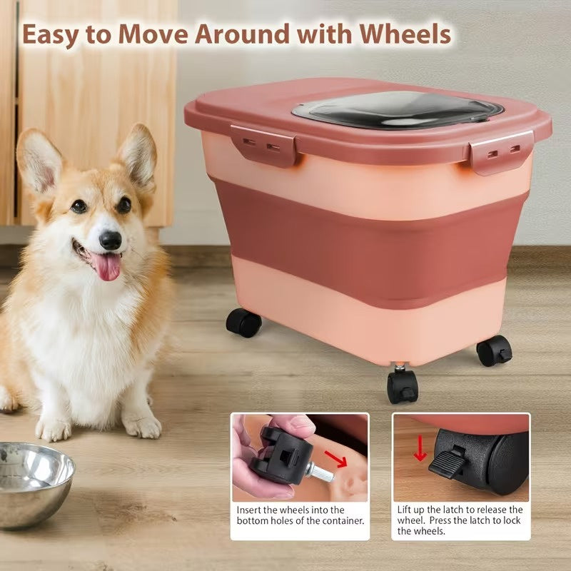 Collapsible Pet Food Storage Container with Wheels, Airtight Large Capacity Dog and Cat Food Bin for 5-30 lbs, Moisture Resistant Storage Box with Lid for Pet Food, Grain and Flour