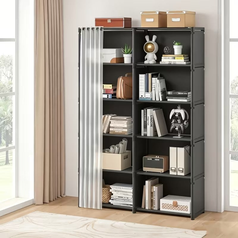 31.5 Inch Double Row Storage Shelf, Multi Purpose Clothes Organizer Cabinet with Dustproof Cover, Freestanding Storage Rack for Office, Classroom, Living Room, Bedroom and Dorm