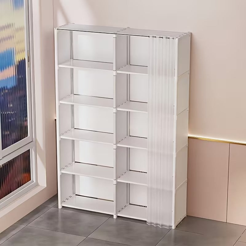 31.5 Inch Double Row Storage Shelf, Multi Purpose Clothes Organizer Cabinet with Dustproof Cover, Freestanding Storage Rack for Office, Classroom, Living Room, Bedroom and Dorm