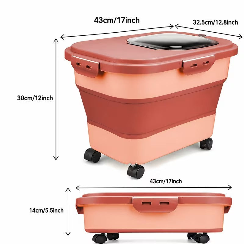 Collapsible Pet Food Storage Container with Wheels, Airtight Large Capacity Dog and Cat Food Bin for 5-30 lbs, Moisture Resistant Storage Box with Lid for Pet Food, Grain and Flour