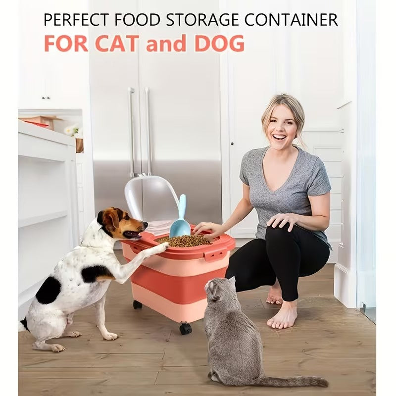 Collapsible Pet Food Storage Container with Wheels, Airtight Large Capacity Dog and Cat Food Bin for 5-30 lbs, Moisture Resistant Storage Box with Lid for Pet Food, Grain and Flour