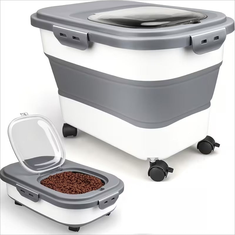 Collapsible Pet Food Storage Container with Wheels, Airtight Large Capacity Dog and Cat Food Bin for 5-30 lbs, Moisture Resistant Storage Box with Lid for Pet Food, Grain and Flour