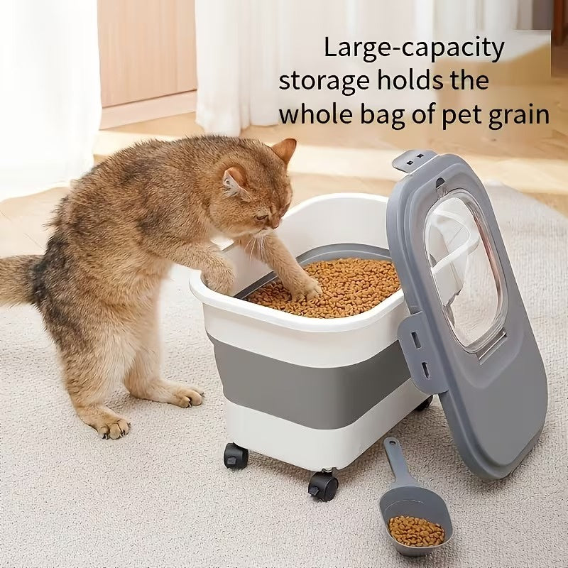 Collapsible Pet Food Storage Container with Wheels, Airtight Large Capacity Dog and Cat Food Bin for 5-30 lbs, Moisture Resistant Storage Box with Lid for Pet Food, Grain and Flour