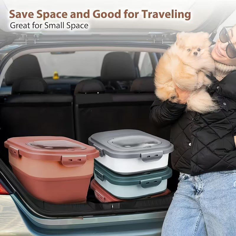 Collapsible Pet Food Storage Container with Wheels, Airtight Large Capacity Dog and Cat Food Bin for 5-30 lbs, Moisture Resistant Storage Box with Lid for Pet Food, Grain and Flour